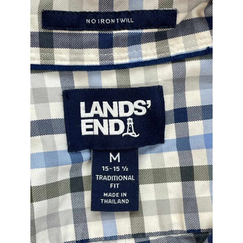 Lands End Shirt Men Medium (15-15.5) Plaid 100% Cotton Traditional Button Down
